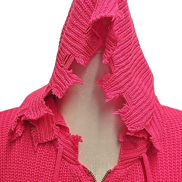 Trendy Threads Hot Pink Distressed Full Zip Cropped Sweater Hoodie Womans Size M - Picture 5 of 9